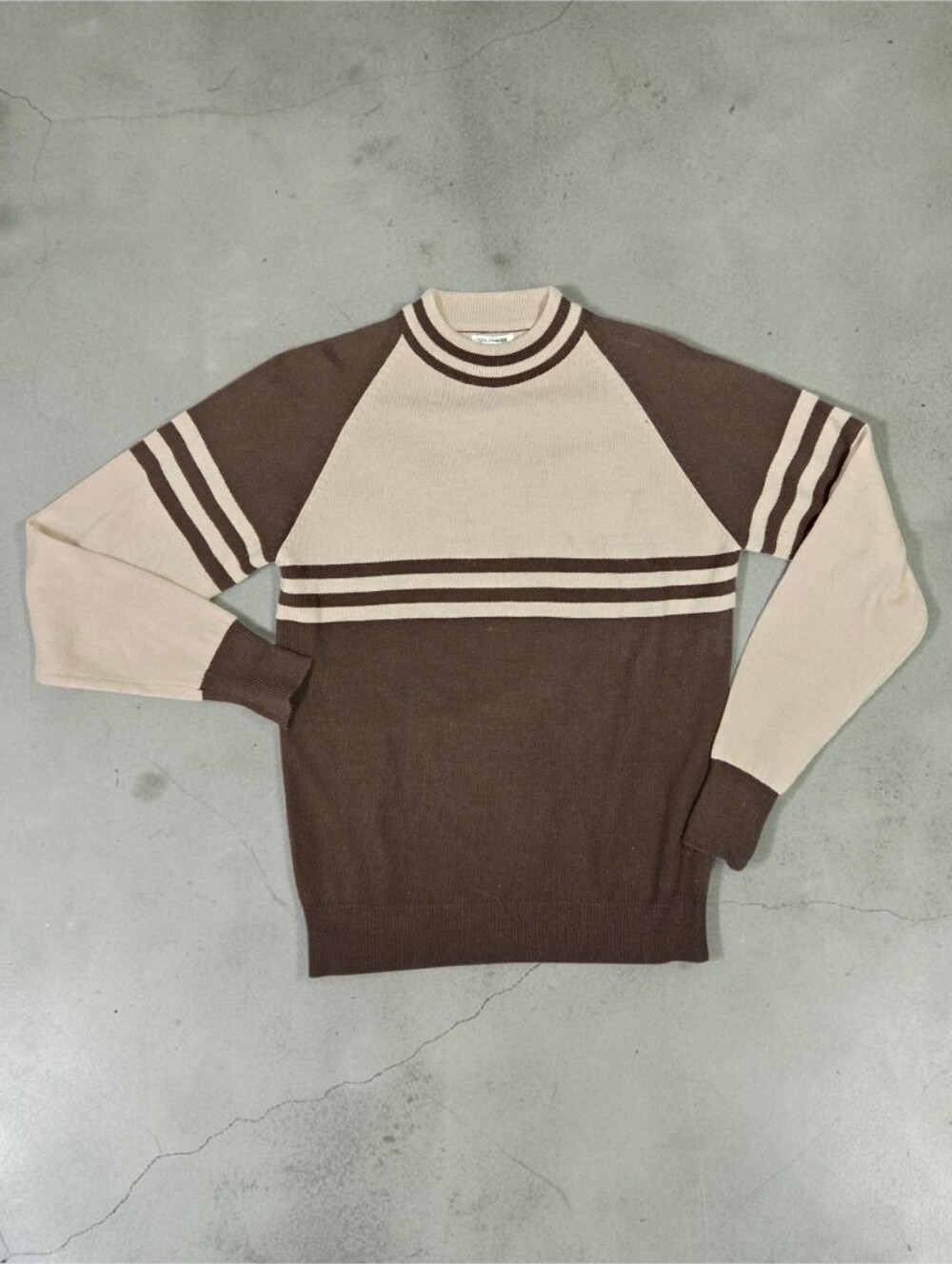 70s Kmart Acrylic Sweater Stripes Colorblock Full Fashion Brown Creme Medium Vtg